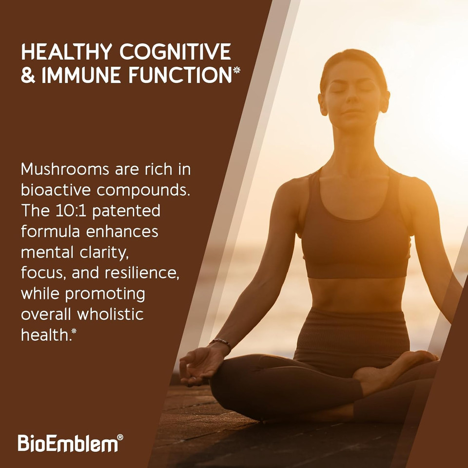 Bioemblem Mushroom Complex - 10:1 Strength And 7 Species - Lions Mane, Reishi, Cordyceps, Chaga, Maitake, Shiitake Mushroom Supplement - Immunity, Energy & Focus, Brain - Non-Gmo, Vegan - 90 Caps