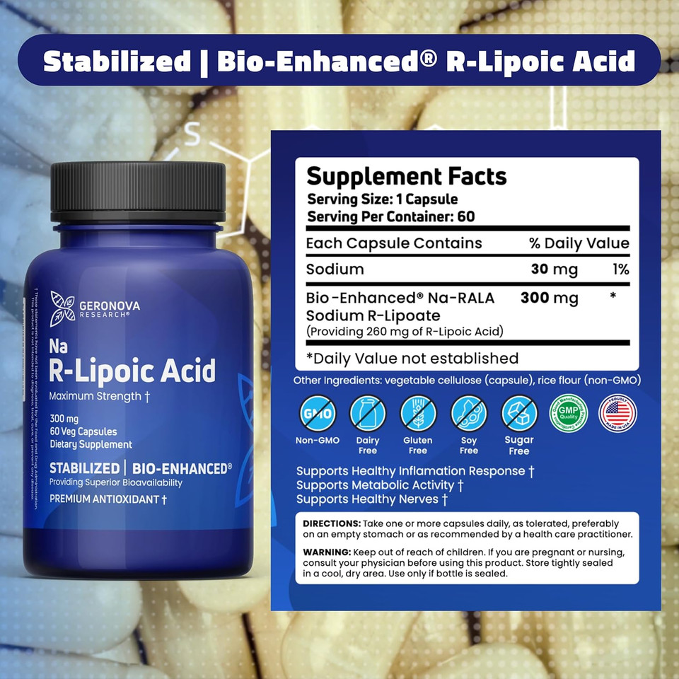 Bio-Enhanced R-Lipoic Acid, 300 Mg Capsules - 2 Month Supply - Stabilized R Alpha Lipoic Acid With Enhanced Absorption - R Lipoic Acid Supplement - 60 Count