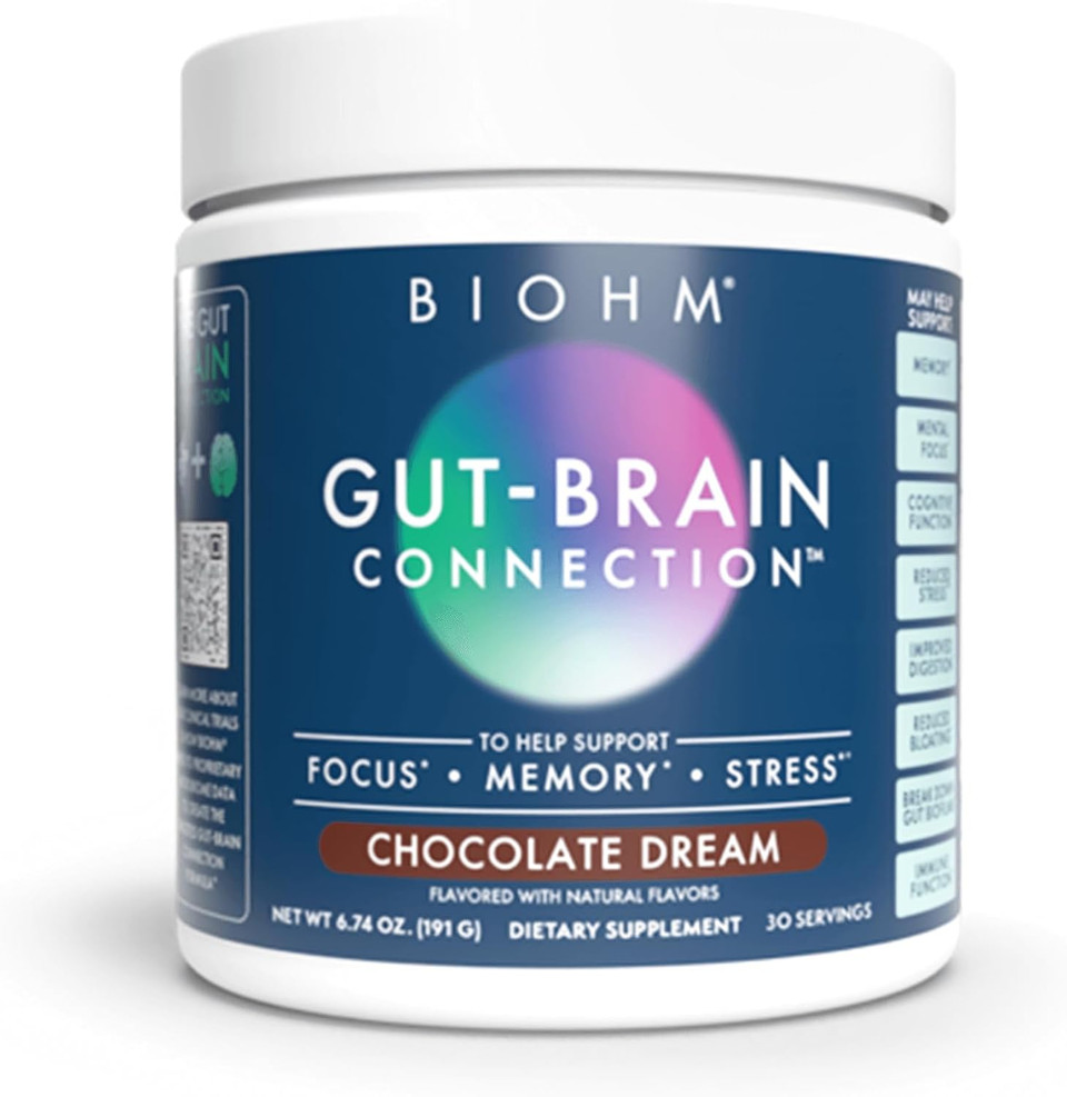 Biohm Gut-Brain Connection Memory & Focus Supplement (6.74 Oz, 30 Servings) Supports Gut Health & Cognitive Well-Being, Helps Enhance Mood, Probiotics, Lion'S Mane & Bacopa Monneiri, Chocolate Flavor
