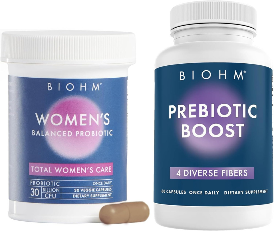 Biohm Prebiotic And Women'S Probiotic Bundle, Fiber Supplement With Inulin And Apple Pectin Powder, 60 Capsules With 30B Cfu Daily Probiotics, Comprehensive Gut, Vaginal, Digestive Support 30 Capsules