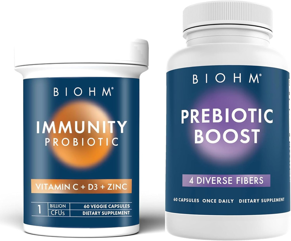 Biohm Probiotic And Prebiotic Duo, Fiber Supplement For Digestive Health With Immunity Probiotic With Vitamins C, D3, Zinc, Essential Gut & Immune Support, 60 Capsules Each