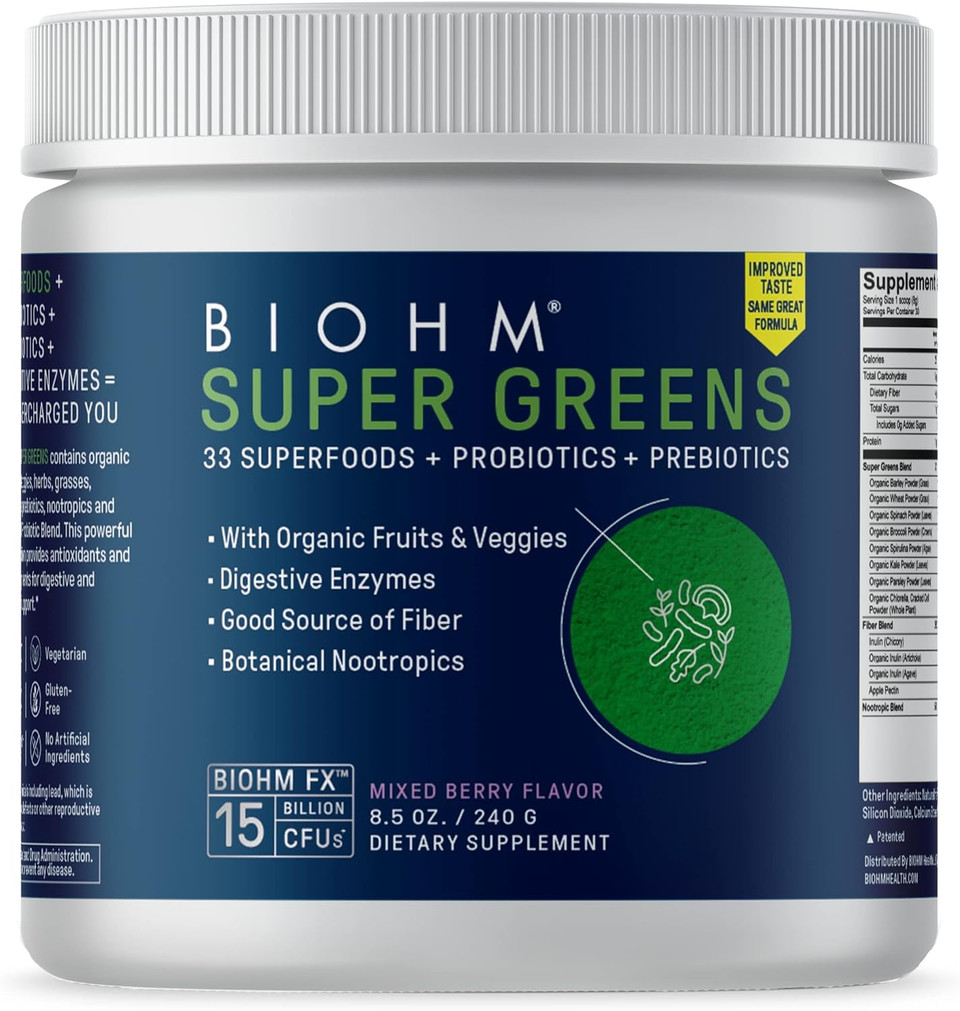 Biohm Super Greens And Super Kids Bundle, Green Superfood Powder Antioxidant Veggies With Kids Superfood Plus Probiotics, Berry Flavor, 30 Servings Each