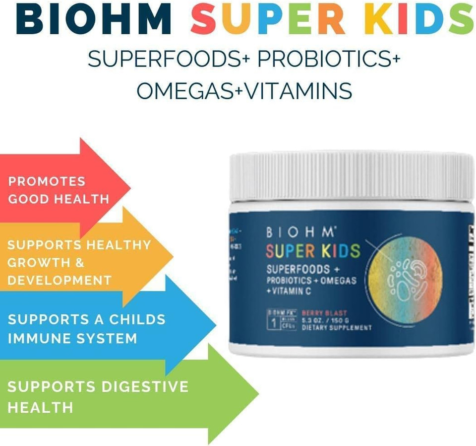 Biohm Super Greens And Super Kids Bundle, Green Superfood Powder Antioxidant Veggies With Kids Superfood Plus Probiotics, Berry Flavor, 30 Servings Each