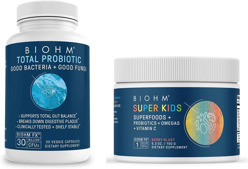Biohm Total Probotic And Super Kids Probiotic Bundle, 30 Billion Cfu Probiotic With Kids Superfood Powder With Probiotics, 30 Servings Each