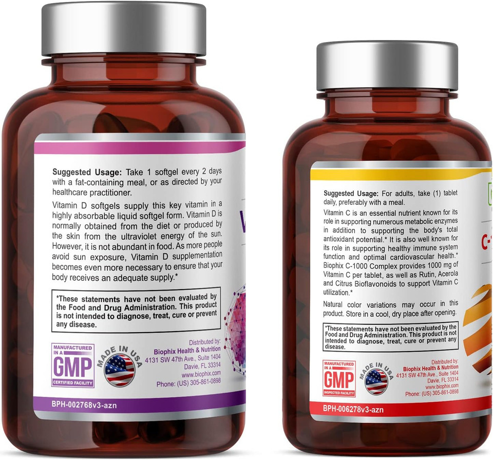 Biophix Vitamin D-3 5000 Iu 120 Softgels - Free Vitamin C-1000 30 Tablets - High-Potency In Extra Virgin Olive Oil Non-Gmo Soy-Free Supports Strong Bones Immune Health