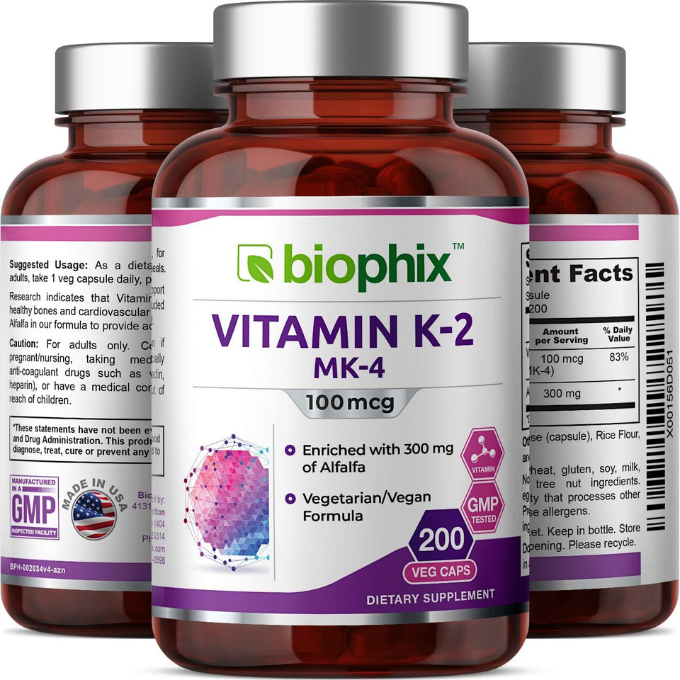 Biophix Vitamin K2 Mk-4-100 Mcg 200 Caps With Alfalfa - Supports Strong Bones Immune Health