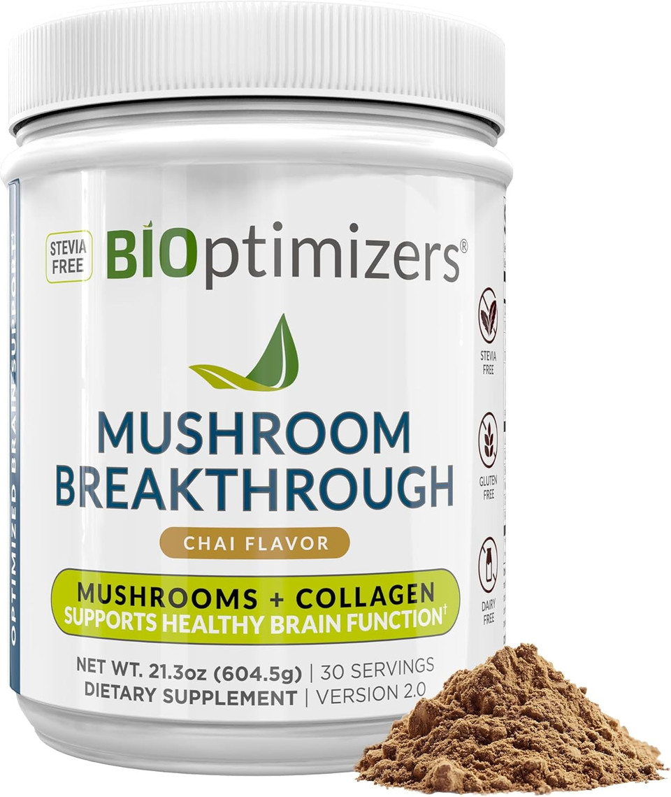 Bioptimizers Mushroom Coffee Alternative  Chai Drink  LionS Mane, Chaga, Reishi + Collagen Peptides For Focus, Energy & Gut Health  Adaptogenic Mushrooms & Mct Powder  30 Servings