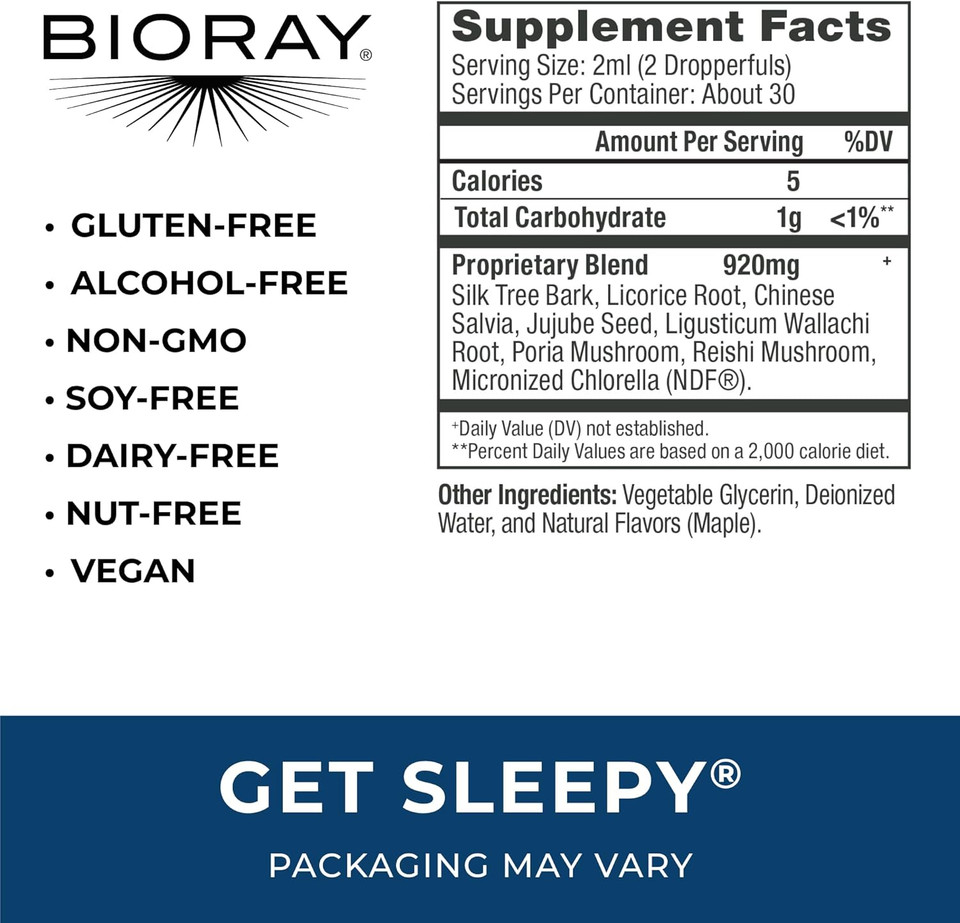 Bioray Daily Get Sleepy - 2 Fl Oz - Relaxation & Rest Support - With Medicinal Mushrooms & Micronized Chlorella - Non-Gmo, Vegan, Gluten Free - Approx. 30 Servings