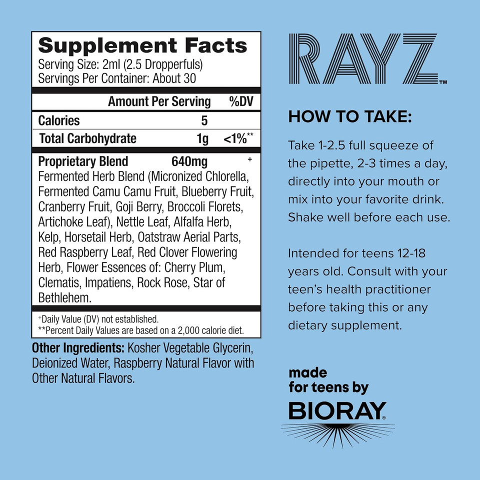 Bioray Rayz All Systems Glow, Raspberry Flavor - 2 Fl Oz - Convenient Source Of Vitamins & Minerals For Teens 12-18 Years Old