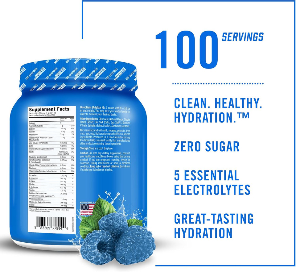 Biosteel Zero Sugar Hydration Mix, Great Tasting Hydration With 5 Essential Electrolytes, Blue Raspberry Flavor, 100 Servings Per Tub