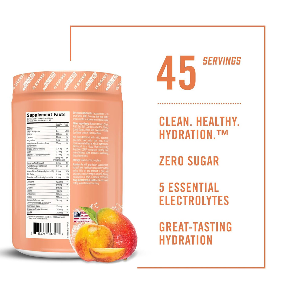 Biosteel Zero Sugar Hydration Mix, Great Tasting Hydration With 5 Essential Electrolytes, Peach Mango, 45 Servings Per Tub