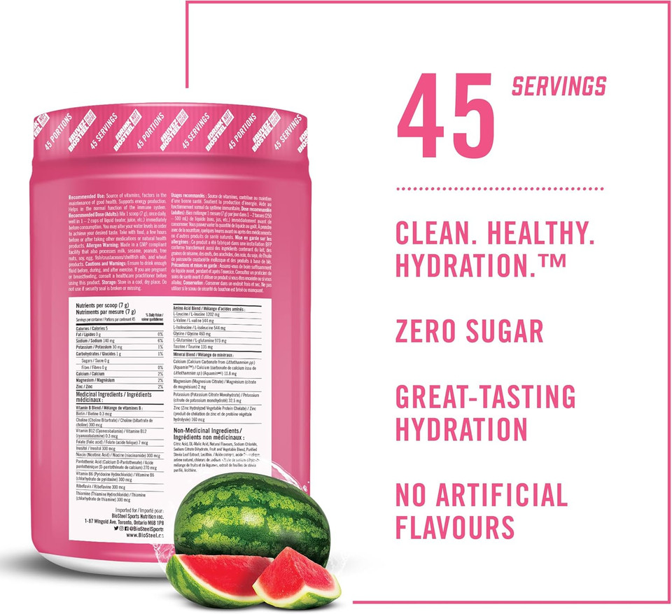 Biosteel Zero Sugar Hydration Mix, Great Tasting Hydration With 5 Essential Electrolytes, Watermelon, 45 Servings Per Tub
