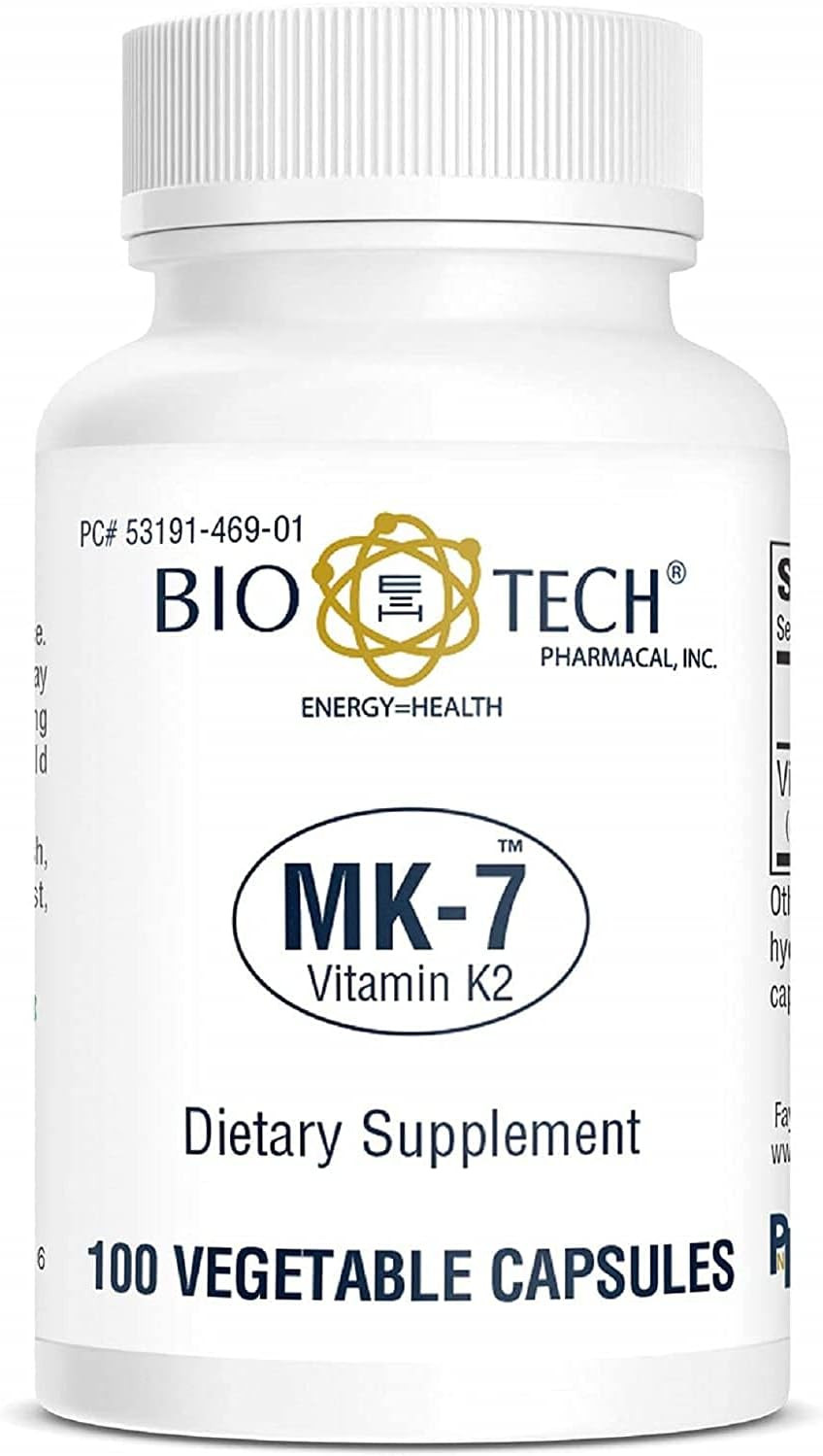 Bio-Tech Pharmacal Mk-7 (Vitamin K2), 100 Vegetable Capsules  All-Natural Supplement  Supports Cardiovascular & Bone Health  No Dairy, Fish, Gluten, Peanut, Shellfish, Gmos, Kosher, Halal, & Soy 