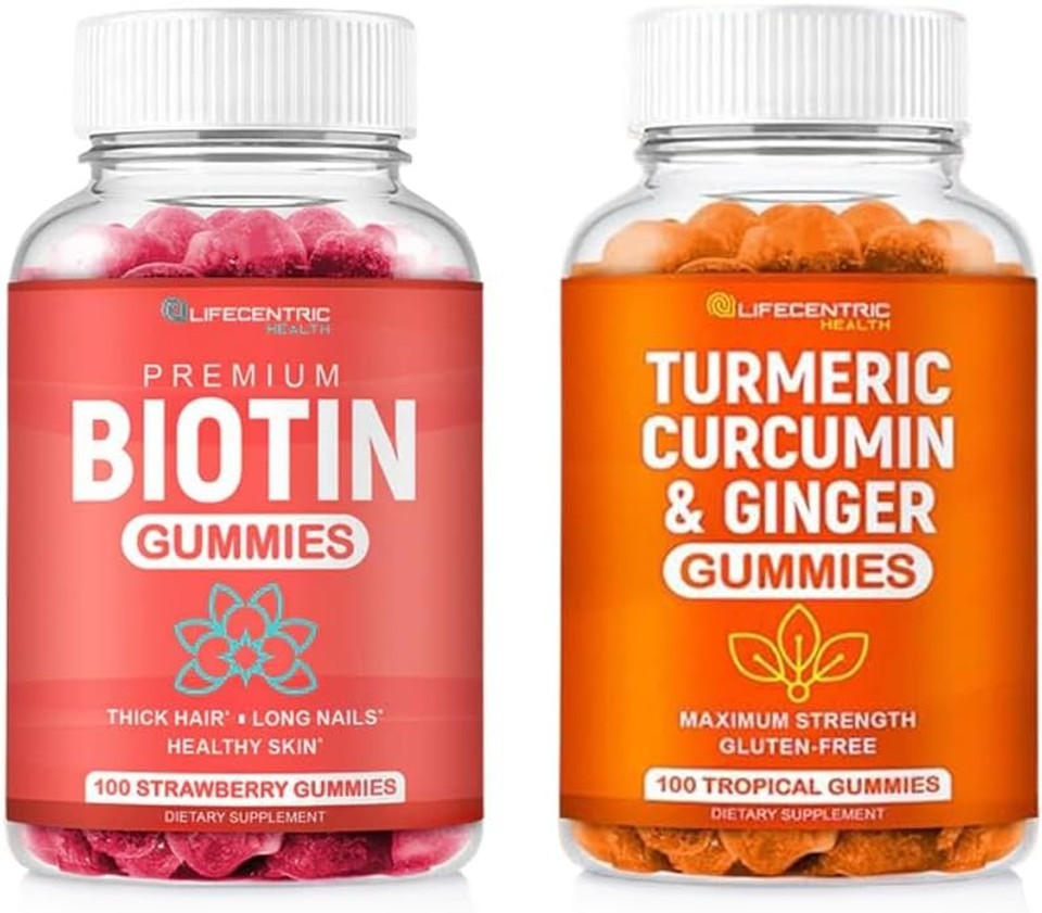 Biotin & Turmeric Vegan Gummies Combo | Max Strength Hair Growth, Skin Health, And Overall Wellness | 10000Mcg Biotin & 95% Standardized Turmeric Curcumin | Natural, Non-Gmo And Gluten-Free Supplement