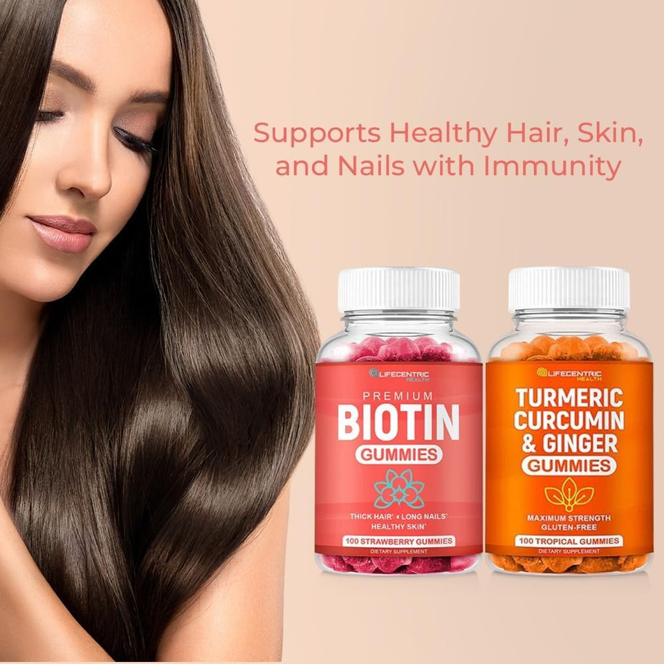 Biotin & Turmeric Vegan Gummies Combo | Max Strength Hair Growth, Skin Health, And Overall Wellness | 10000Mcg Biotin & 95% Standardized Turmeric Curcumin | Natural, Non-Gmo And Gluten-Free Supplement