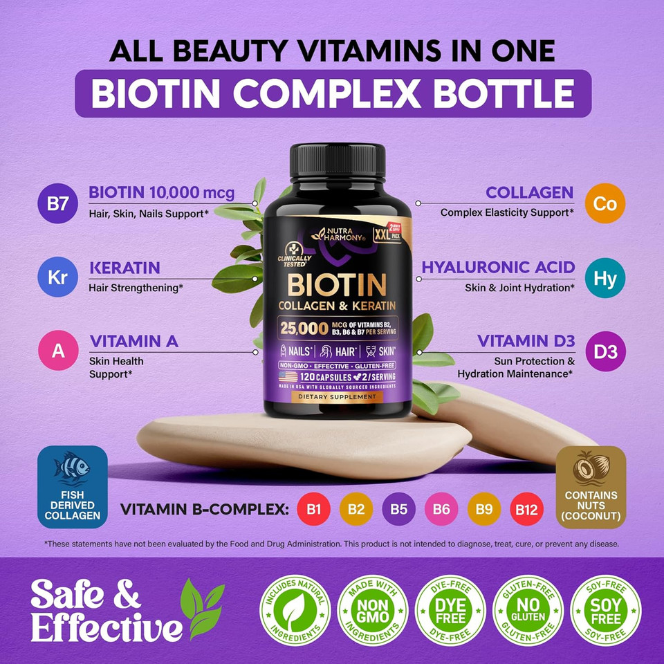 Biotin | Collagen | Keratin - Clinically Tested Supplement - Hair Growth Support, Skin & Nails - 25000 Mcg Vitamins B2, B3, B6 & B7 + B1 & Hyaluronic Acid - Made In Usa - Women & Men | 120 Capsules