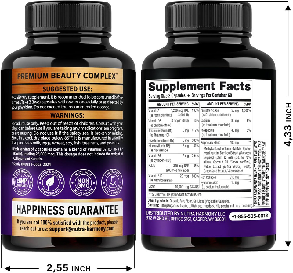 Biotin | Collagen | Keratin - Clinically Tested Supplement - Hair Growth Support, Skin & Nails - 25000 Mcg Vitamins B2, B3, B6 & B7 + B1 & Hyaluronic Acid - Made In Usa - Women & Men | 60 Capsules