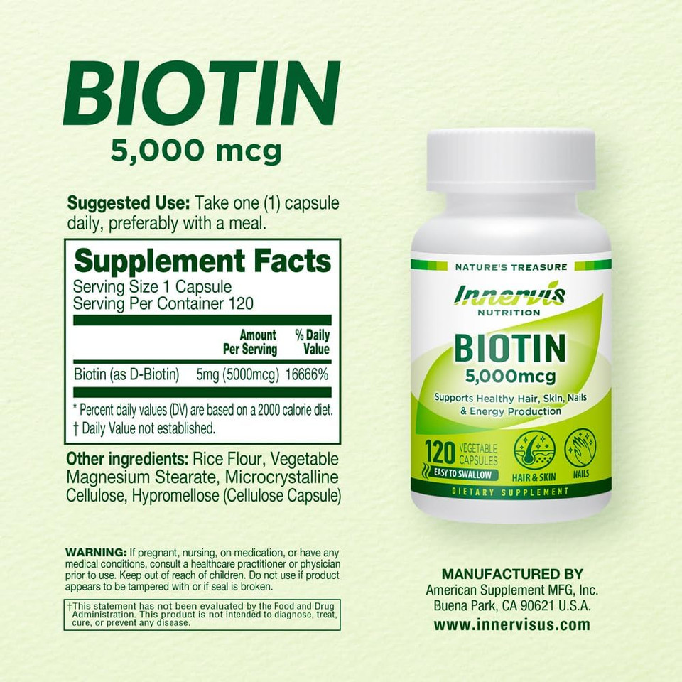 Biotin 5,000Mcg  120 Veggie Capsules For Hair, Skin & Nails  Easy-To-Swallow, Vegetarian, Non-Gmo  120-Day Supply  Made In Usa