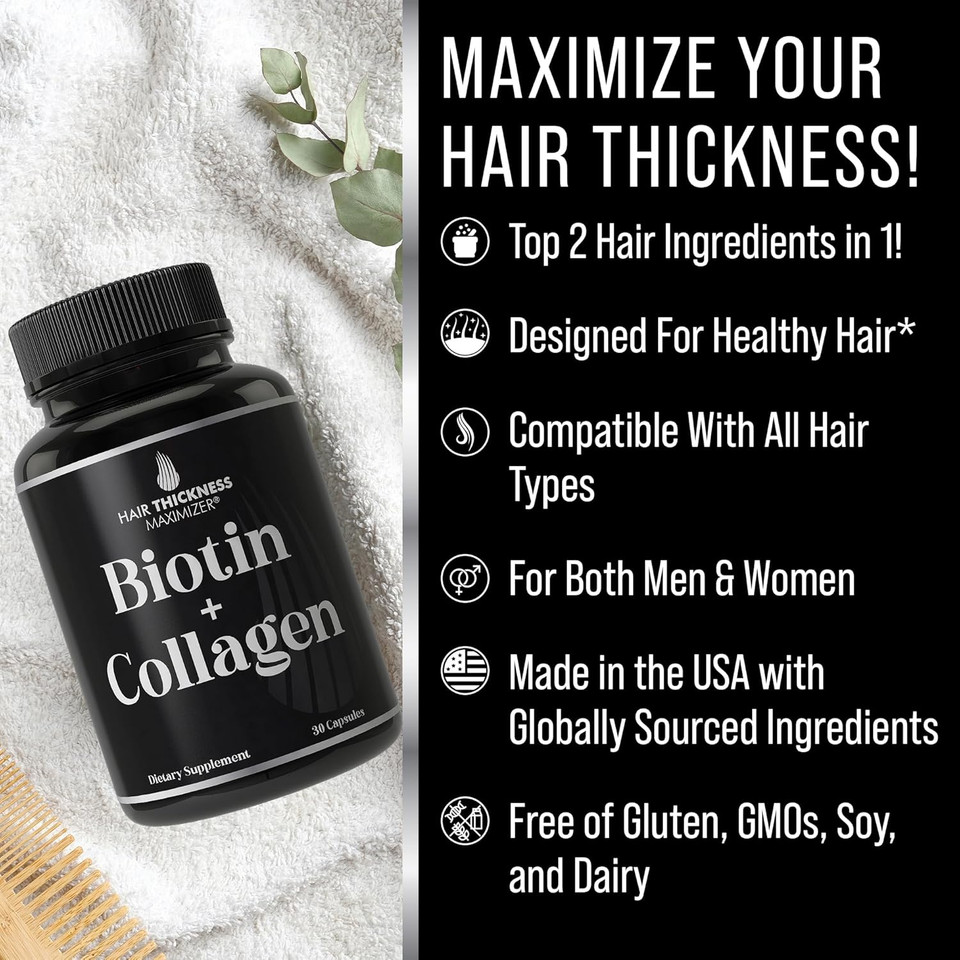 Biotin And Collagen Supplement  10,000Mcg Biotin + Bovine Collagen For Thinning & Brittle Hair. Advanced 2-In-1 Vitamin Complex. Supports Thicker, Healthier Hair Growth For Women, Men