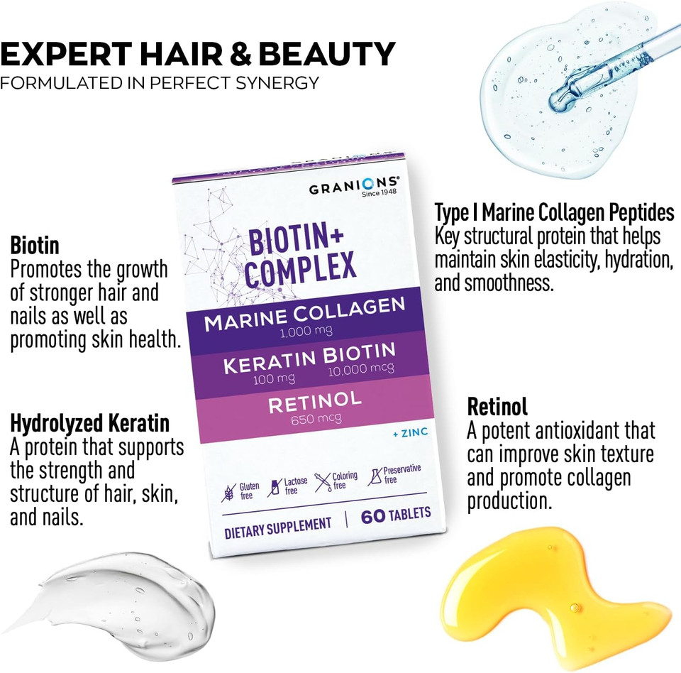 Biotin Collagen Keratin Supplement Hair Growth Tablets  Biotin 10000Mcg, Marine Collagen Peptides, Keratin, Retinol, Zinc, Vitamin B6 - Hair, Skin And Nails Complex For Women And Men  60 Tablets
