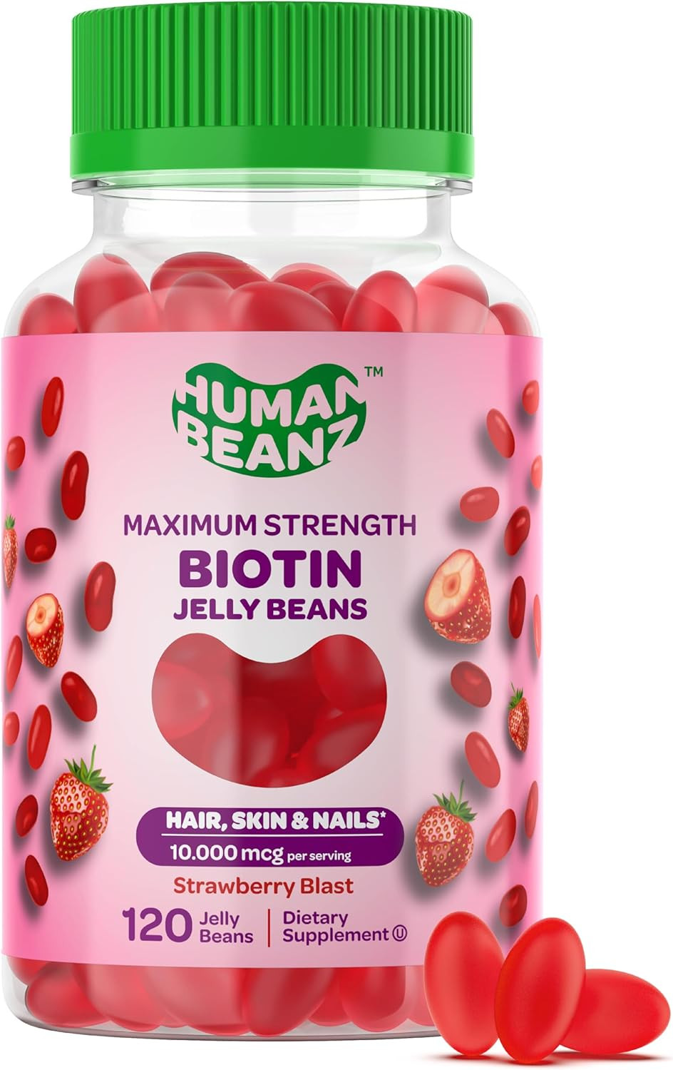 Biotin Jelly Bean Gummy Vitamins, Max Strength Biotin For Hair, Skin And Nails, 10,000Mcg Per Serving, Hair Growth Vitamins For Men And Women, 120 Strawberry Blast Jelly Beans, Kosher