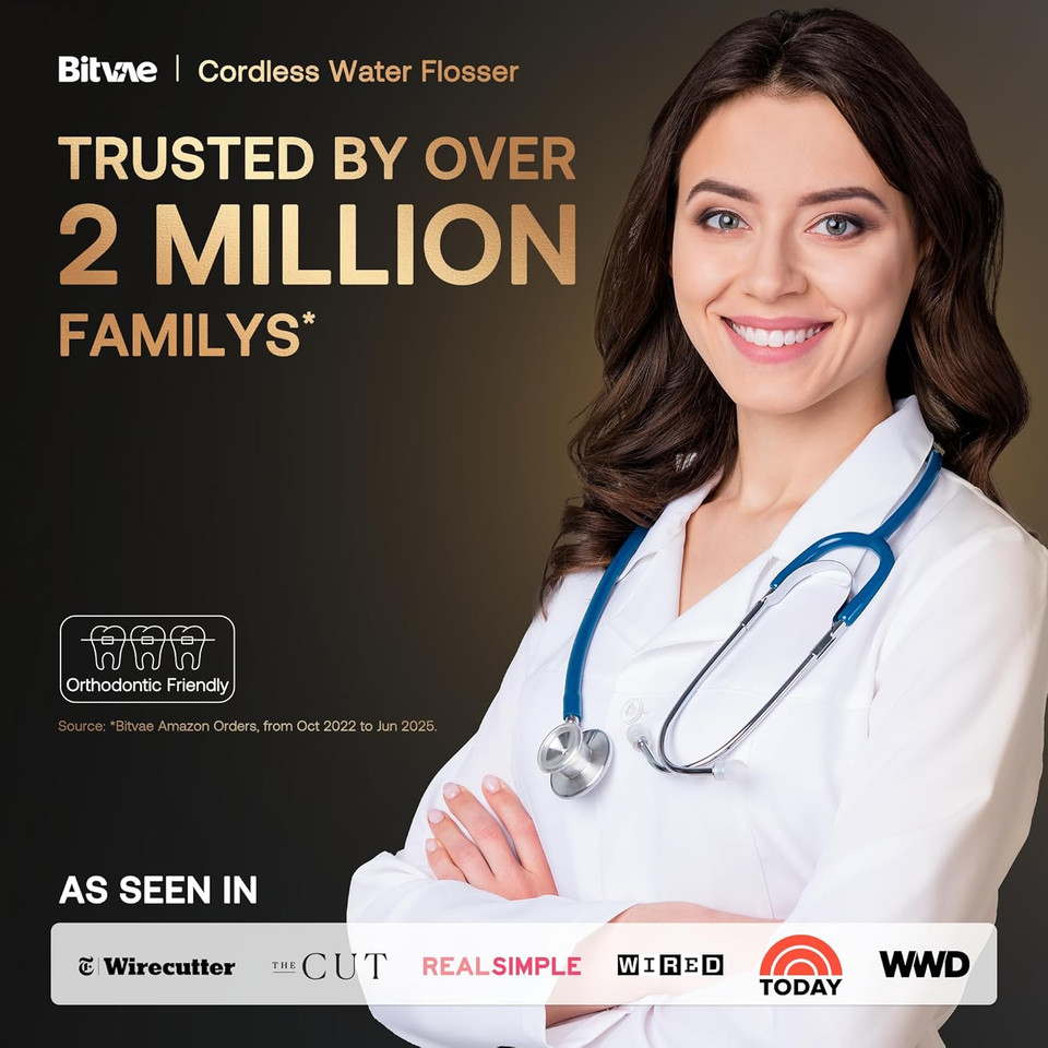 Bitvae C6 Water Dental Flosser Teeth Pick, Cordless Flosser For Travel With 6 Jet Tips, 3 Modes 5 Intensities, Ipx7 Waterproof Portable & Rechargeable Oral Irrigator Cleaner, Black