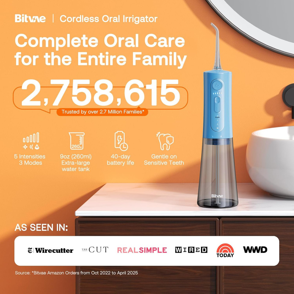 Bitvae Water Dental Flosser For Teeth, Cordless Water Teeth Cleaner Picks, 3 Modes 5 Intensities, Ipx7 Waterproof, Rechargeable Water Dental Picks For Cleaning - Black