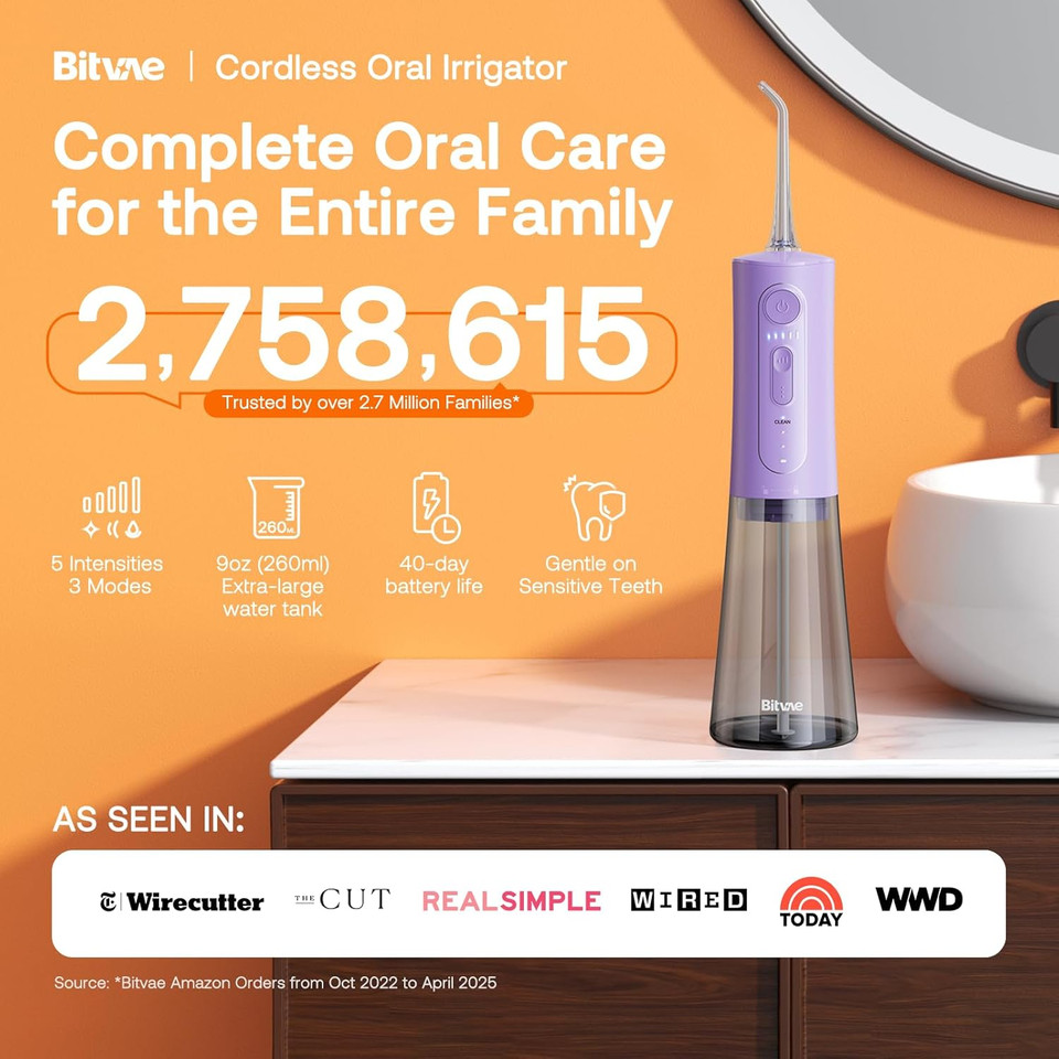 Bitvae Water Dental Flosser Teeth Pick, Portable Water Teeth Cleaner Picks, Ipx7 Waterproof Oral Irrigator, 3 Modes 5 Intensities, Usb Rechargeable Water Dental Picks For Cleaning - Lavender