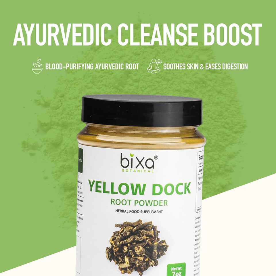 Bixa Botanical Yellow Dock Root Powder | Rumex Crispus | 200 Gms / 7 Oz | Ayurvedic Herbal Supplement | Gluten Free, Non-Gmo, Steam Treated, Vegan, 100% Pure