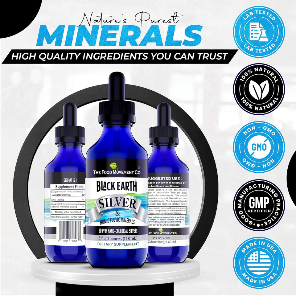 Black Earth Silver 20Ppm 4 Oz Dropper - Vegan Colloidal Silver Liquid With Humic And Fulvic Acids And Trace Minerals For Digestion, Immune Support, And Whole Body Health