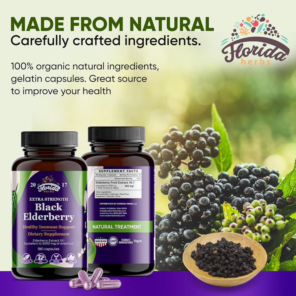 Black Elderberry Capsules | 180 Count | Sambucus Elderberry Vitamins, Non-Gmo, Gluten Free, Organic Elderberry Extract Sambucus Nigra
