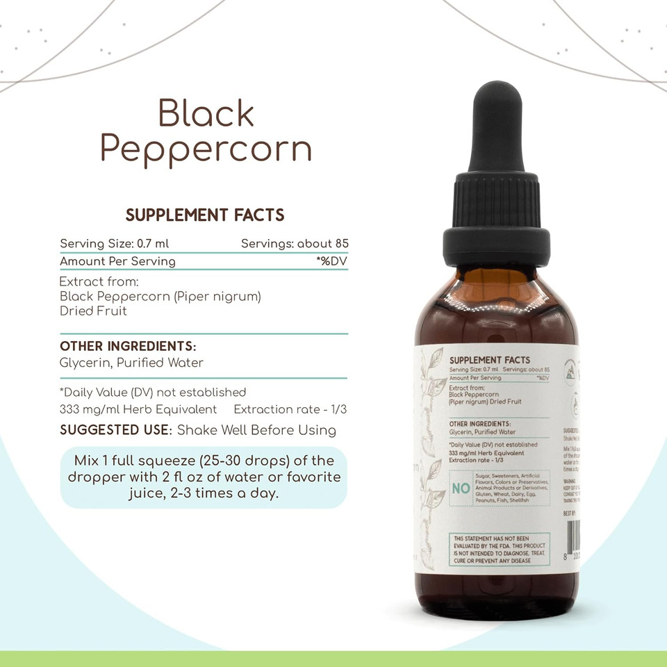 Black Peppercorn B120 Alcohol-Free Herbal Extract Tincture, Black Peppercorn (Piper Nigrum) Dried Fruit (4 Fl Oz)