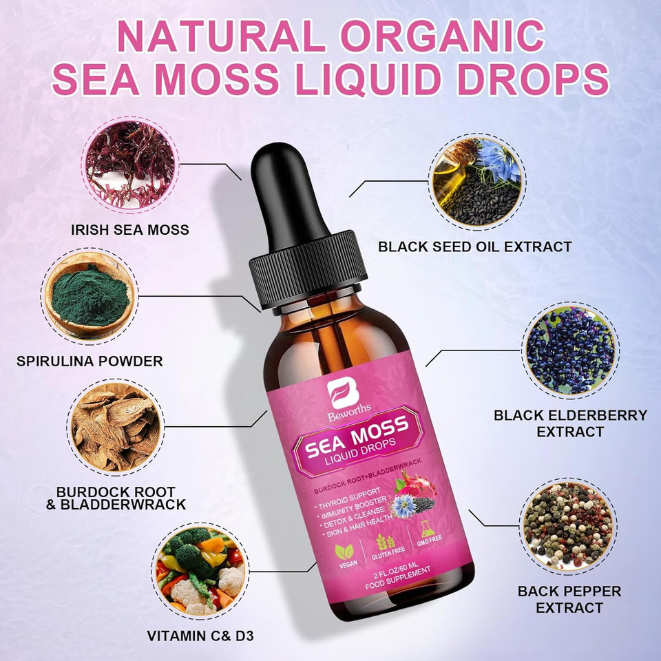 Black Seed Oil & Irish Sea Moss Gel With Bladderwrack, Elderberry, 6X Stronger Qrganic Seamoss Raw For Immunity Booster, Joint, Digestive Health