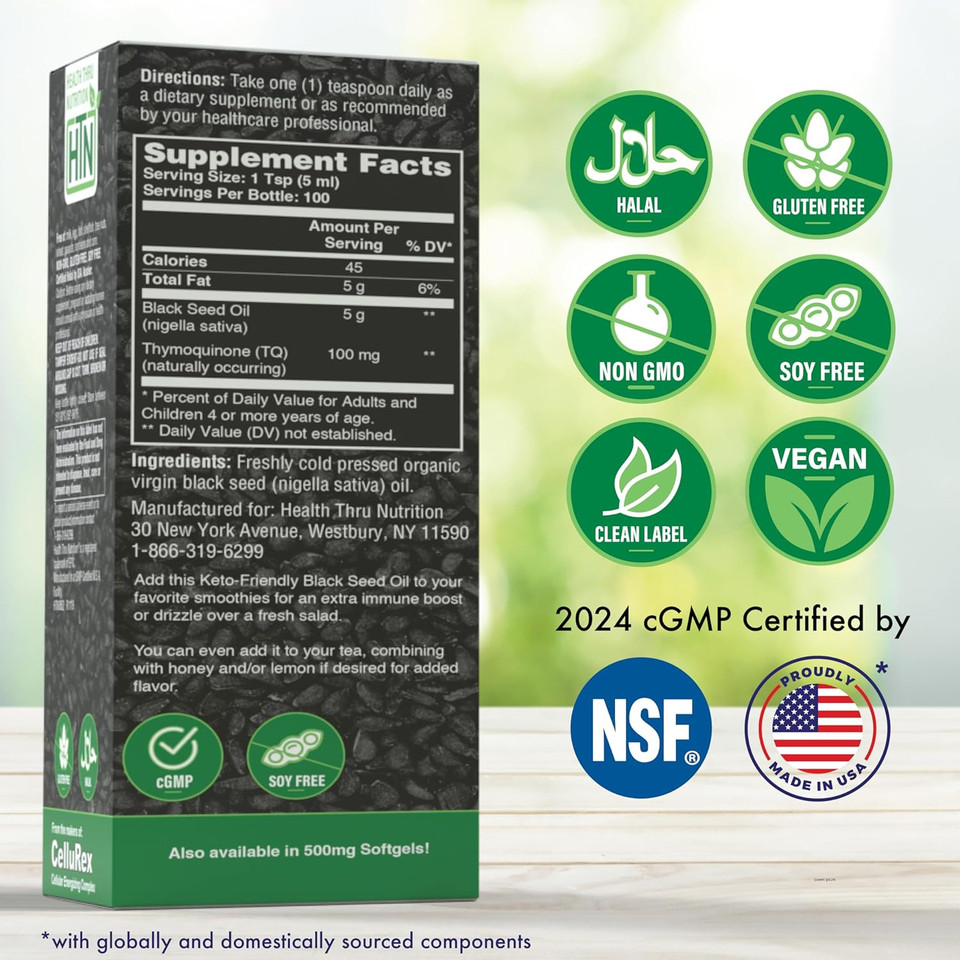 Black Seed Oil 16.9 Oz (500Ml) - High Potency 2% Thymoquinone, Pure Cold Pressed Nigella Sativa, Non-Gmo - By Health Thru Nutrition"