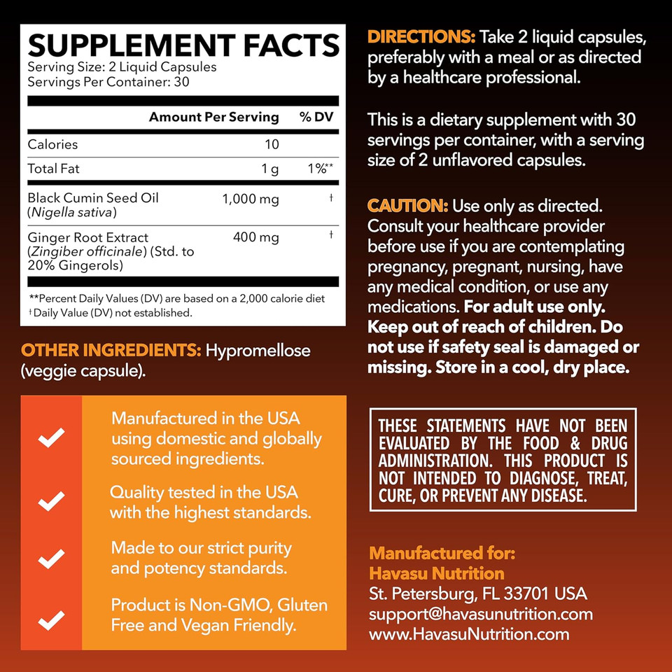 Black Seed Oil Capsules With Ginger Root Extract For Digestive Health & Immune Support - Cold Pressed Black Cumin Seed Oil & Ginger Supplement - 60 Count - Vegan, Non-Gmo, Unflavored - 1 Month Supply