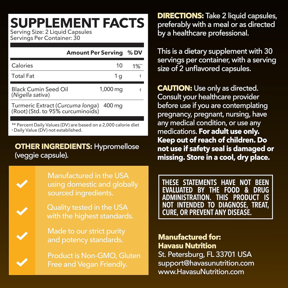 Black Seed Oil Capsules With Turmeric Curcumin Supplement - Immune & Digestive Health Support - 60 Count - Vegan, Non-Gmo, Cold Pressed Black Seed Oil With Curcumin (95% Curcuminoids) - 1 Month Supply