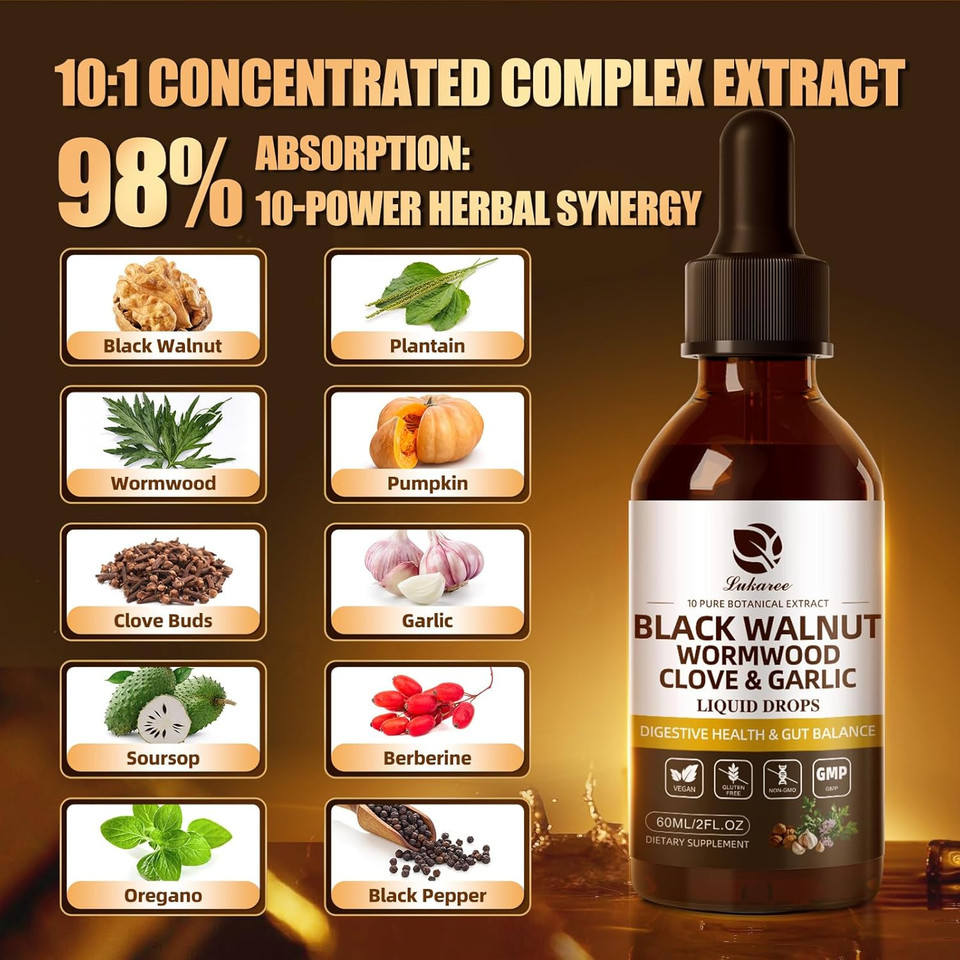 Black Walnut Wormwood Tincture  Rapid Gut Cleanse & Digestive Health With Oregano Garlic & Berberine, 10:1 Ultra-Concentrated Liposomal Delivery (98% Absorption), Alcohol-Free Gut-Friendly