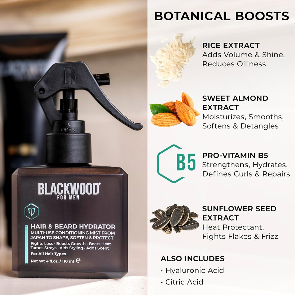 Blackwood For Men Hair & Beard Hydrator Spray (4Oz) + Double Duty Beard & Body Scrubber Bundle - Vegan & Natural Leave-In Conditioner - Dual-Sided Men'S Shower Tool
