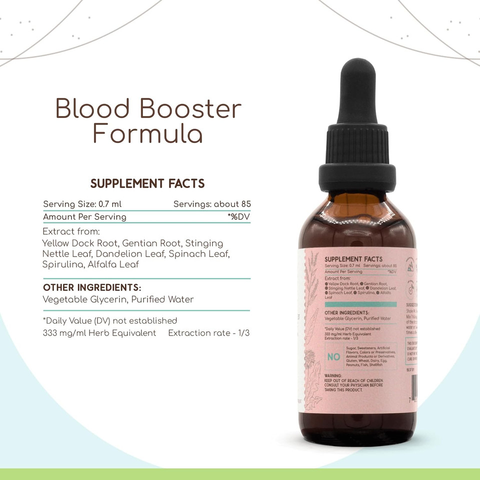 Blood Booster Formula B120 Alcohol-Free Extract Tincture: Stinging Nettle Leaf, Dandelion Leaf, Spinach Leaf, Spirulina, Alfalfa Leaf, Yellow Dock Root, Herbal Iron Blend 4 Fl Oz