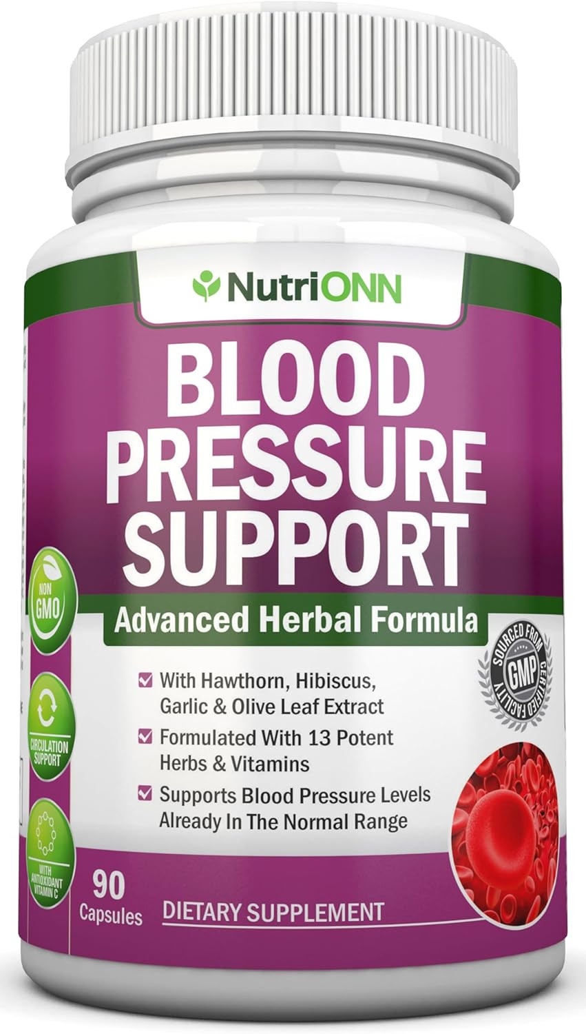Blood Pressure Support Supplement - 13 Herbs & Vitamins - With Hawthorn, Hibiscus, Garlic & Olive Leaf Extract - Natural Supplement For Women & Men - High Strength Capsules - Non-Gmo - 90 Day Supply