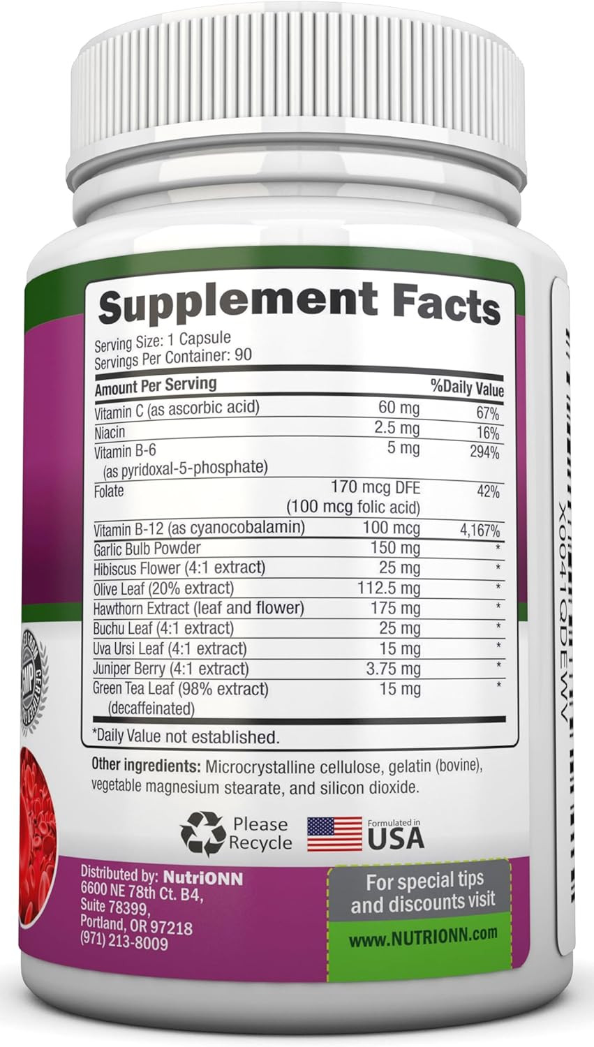 Blood Pressure Support Supplement - 13 Herbs & Vitamins - With Hawthorn, Hibiscus, Garlic & Olive Leaf Extract - Natural Supplement For Women & Men - High Strength Capsules - Non-Gmo - 90 Day Supply