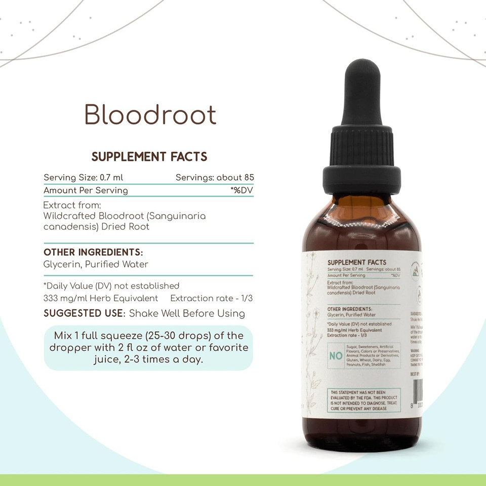 Bloodroot B120 Alcohol-Free Herbal Extract Tincture, Responsibly Farmed Bloodroot (Sanguinaria Canadensis) Dried Root (4 Fl Oz)