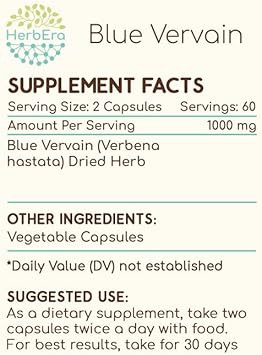 Blue Vervain 120 Capsules, 500 Mg, Blue Vervain (Verbena Hastata) Dried Herb (120 Capsules)