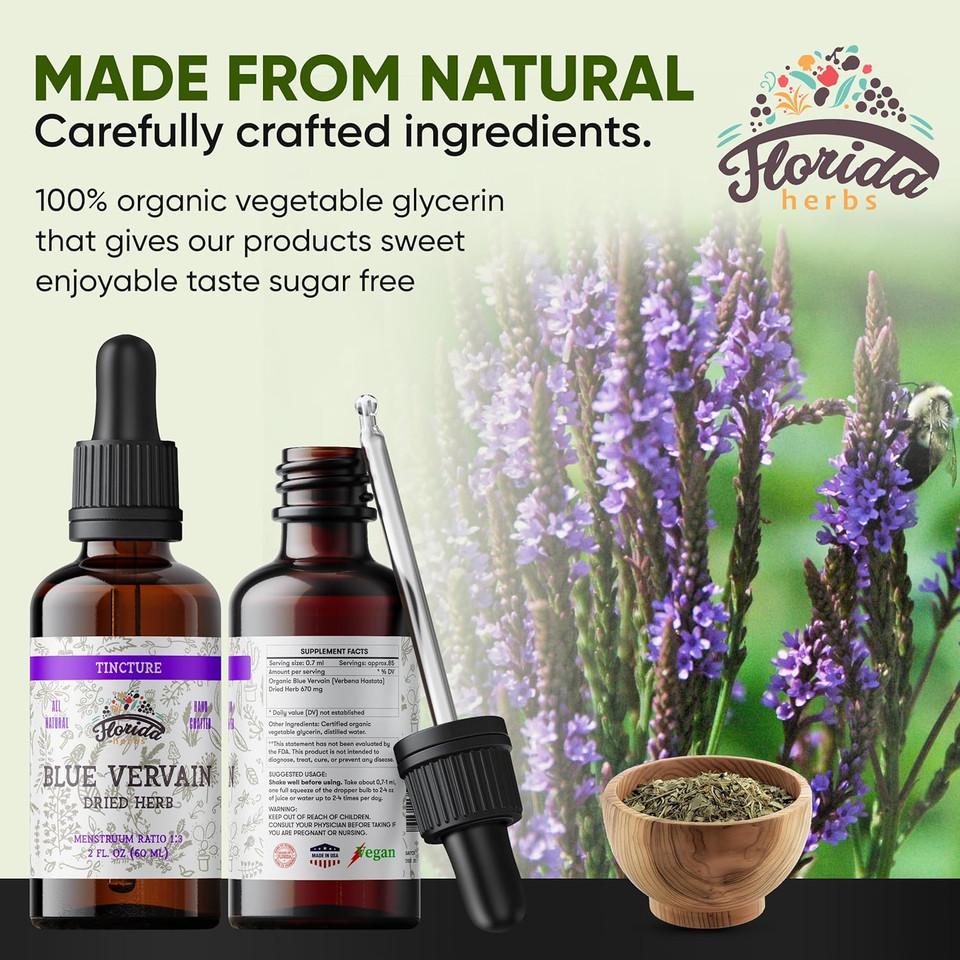 Blue Vervain Herb Organic Extract  Organic Blue Vervain Herb  Natural Vervain Supplement For Men & Women  Made In Usa - 2 Oz