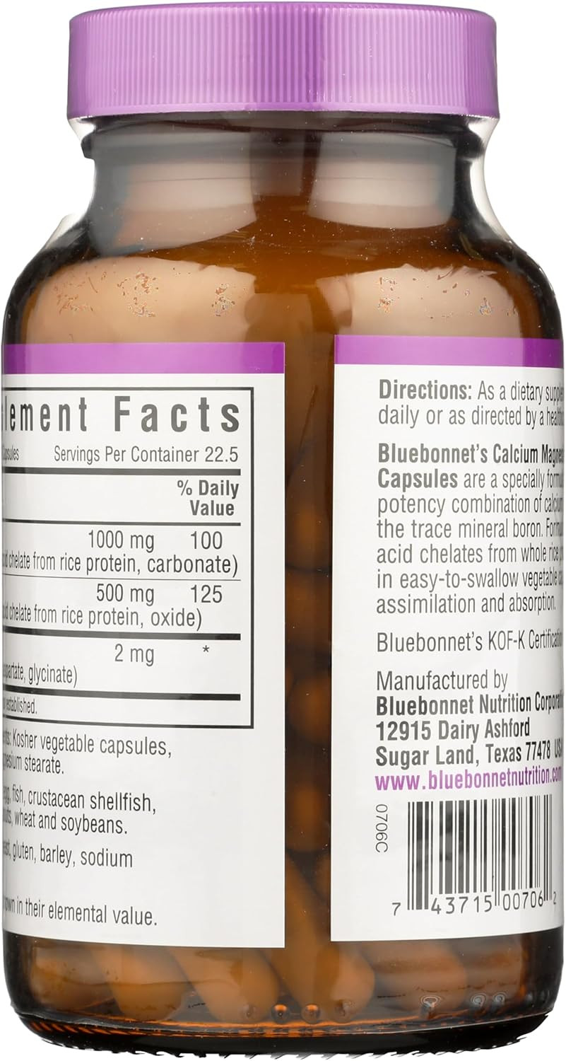 Bluebonnet Calcium Magnesium Plus Boron Vegetarian Capsules, Off-White, 180 Count