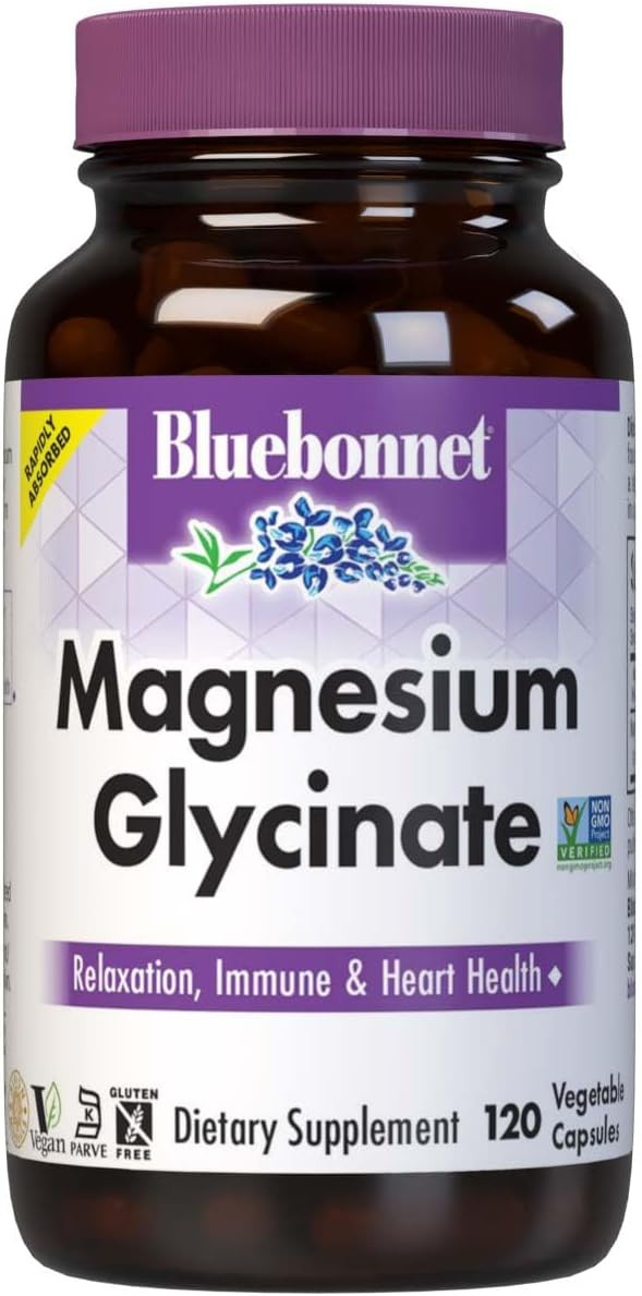 Bluebonnet Magnesium Glycinate, Energy Production*, Enzyme Function*, Non-Gmo Certified By Nsf, Vegan, Kosher Certified, Gluten-Free, Soy-Free, Dairy-Free, 60 Vegetable Capsules, 15 Servings