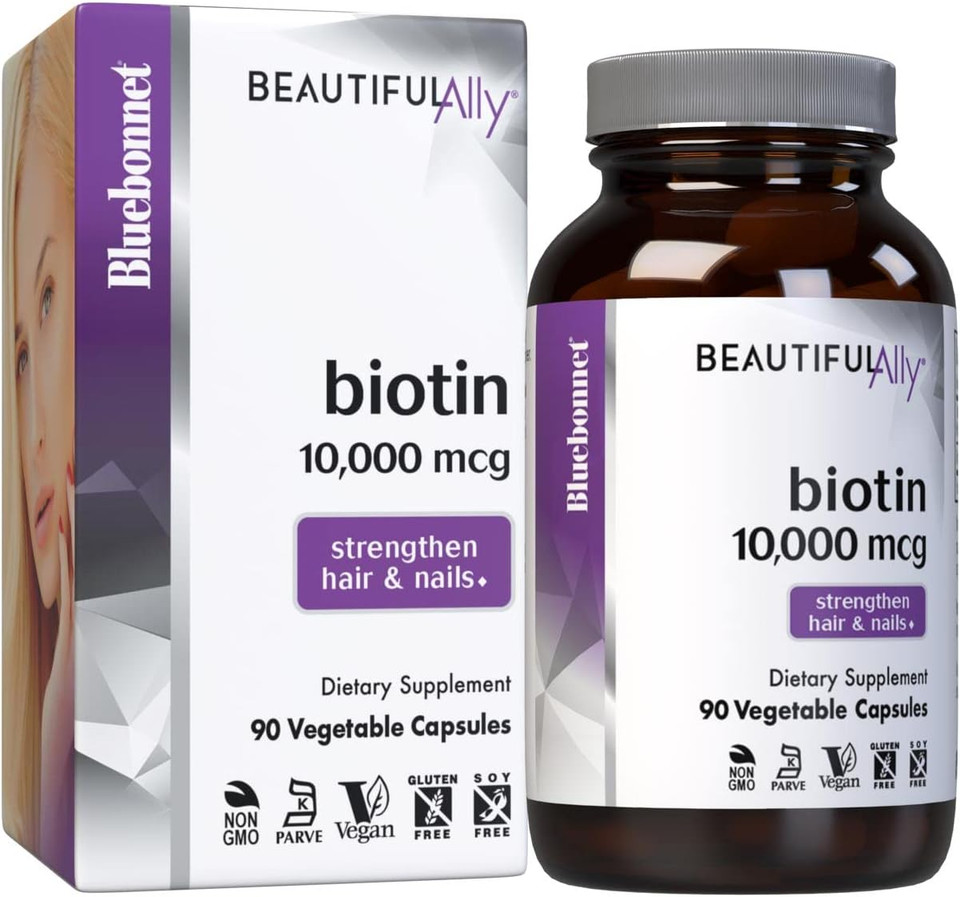 Bluebonnet Nutrition Beautiful Ally Biotin 10,000 Mcg, Strengthen Hair & Nails*, Non-Gmo, Vegan, Kosher Certified, Gluten-Free, Soy-Free, 90 Vegetable Capsules, 90 Servings