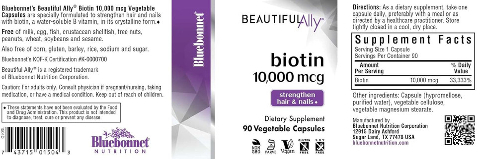 Bluebonnet Nutrition Beautiful Ally Biotin 10,000 Mcg, Strengthen Hair & Nails*, Non-Gmo, Vegan, Kosher Certified, Gluten-Free, Soy-Free, 90 Vegetable Capsules, 90 Servings