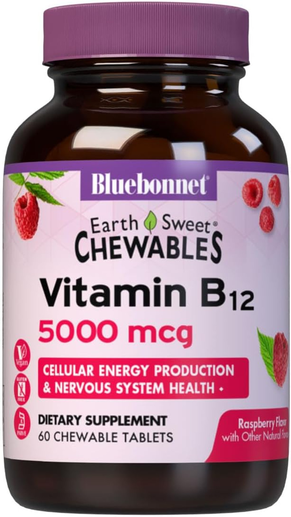 Bluebonnet Nutrition Earth Sweet Vitamin B12 5000 Mcg Chewable Tablets, Soy-Free, Gluten-Free, Kosher Certified, Dairy-Free, Vegan, Raspberry Flavored, 60 Chewable Tablets, 60 Servings