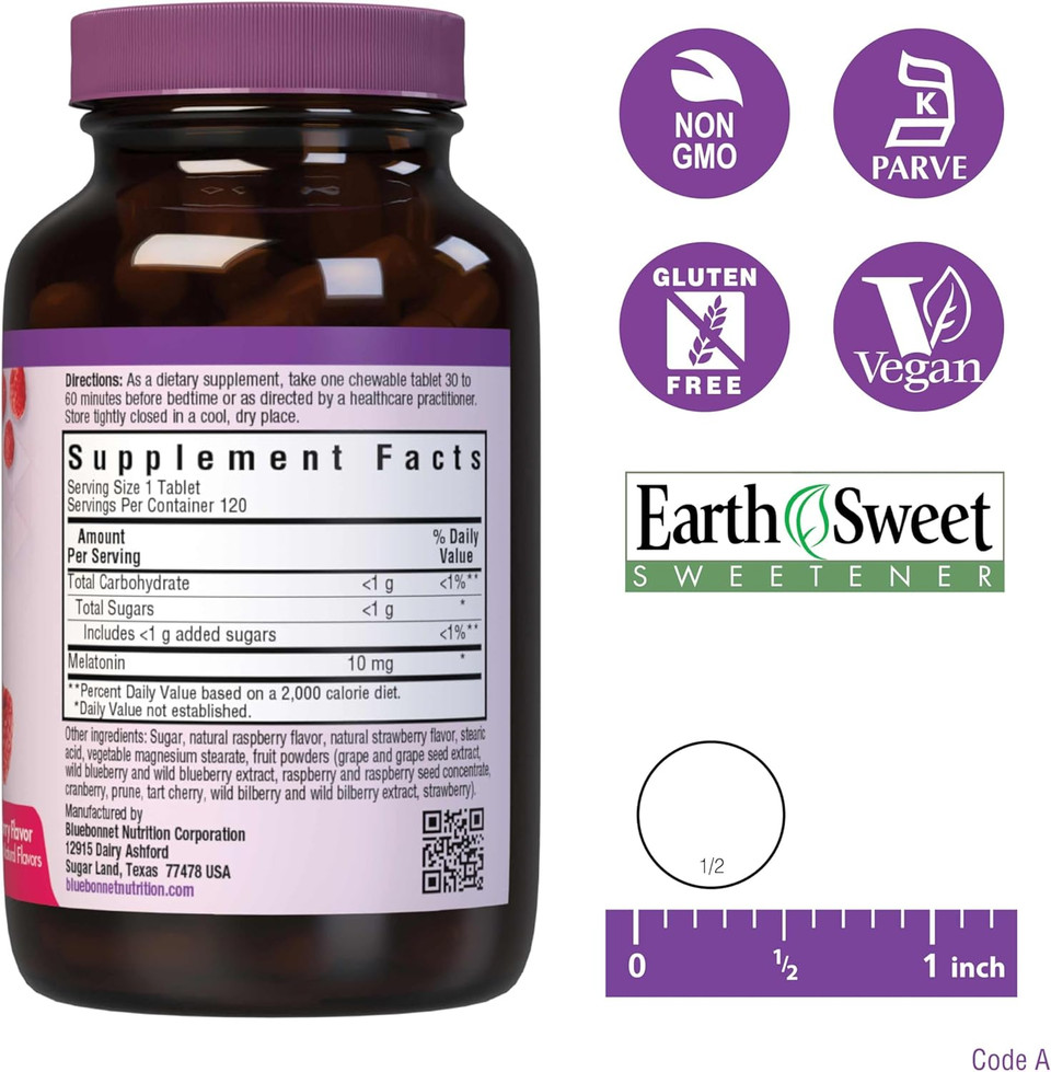 Bluebonnet Nutrition Earthsweet Melatonin 10 Mg Fast-Acting Quick Dissolve Nighttime Relaxation & Restful Sleep Support - Sleep Aid - Gluten-Free, Vegan - Raspberry Flavor - 60 Chewable Tablets